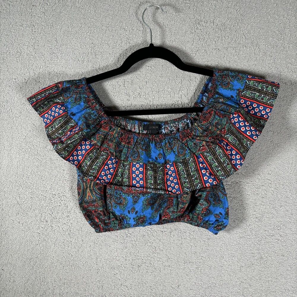 J Crew Paisley Crop Off Shoulder Ruffle Top Cotton Sz S H2346 $65 Stretch